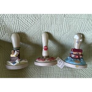 Vintage Brown Bag Cookie Art Ceramic Cookie Stamps Set of 3 Toy Chest Birds Bus
